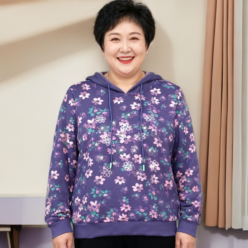 中老年女装长袖保暖连帽宽松花卉烫钻紫色妈妈装单穿上衣