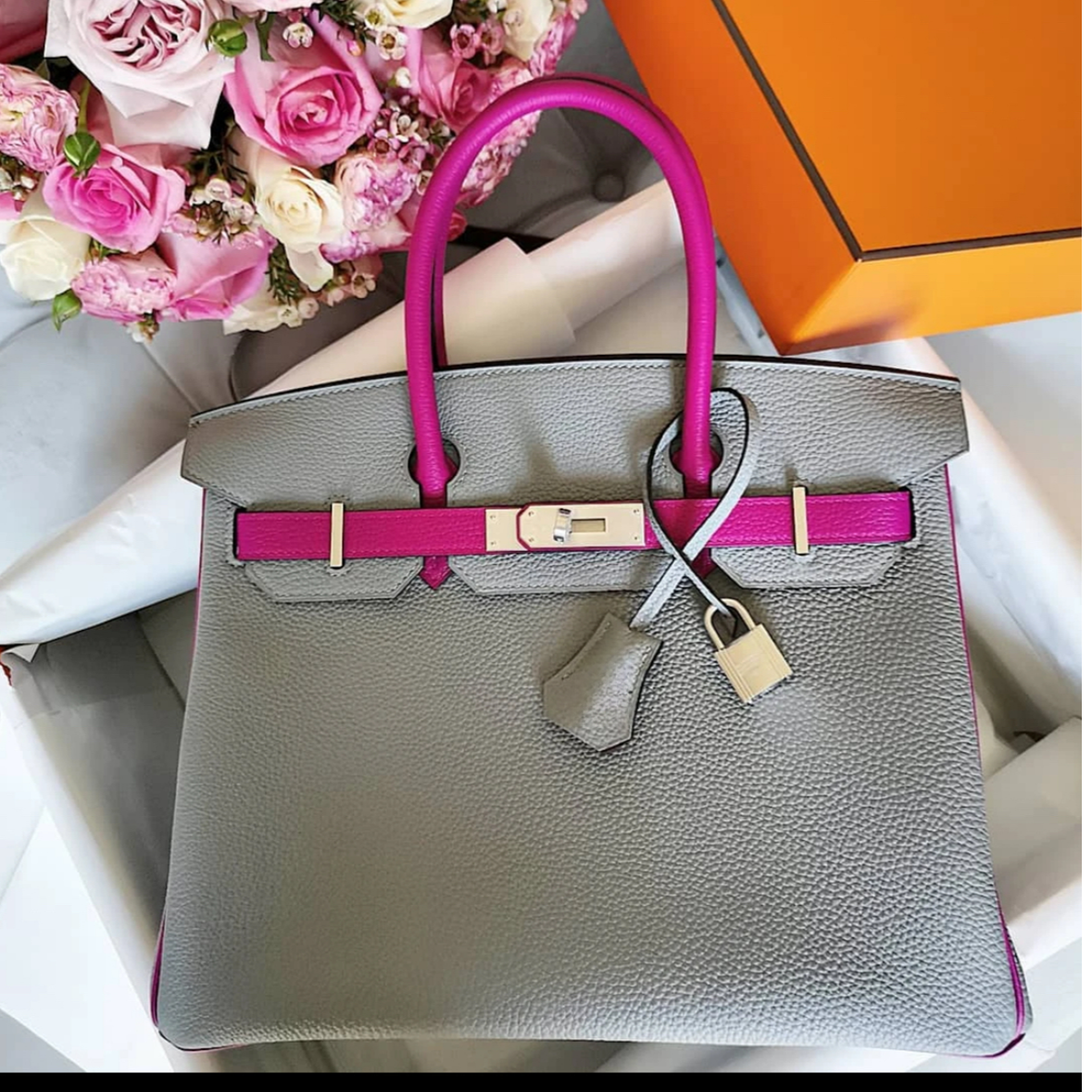 99新 Hermes/爱马仕 小花JerryBirkin 30 玫瑰紫拼海鸥灰 C刻包