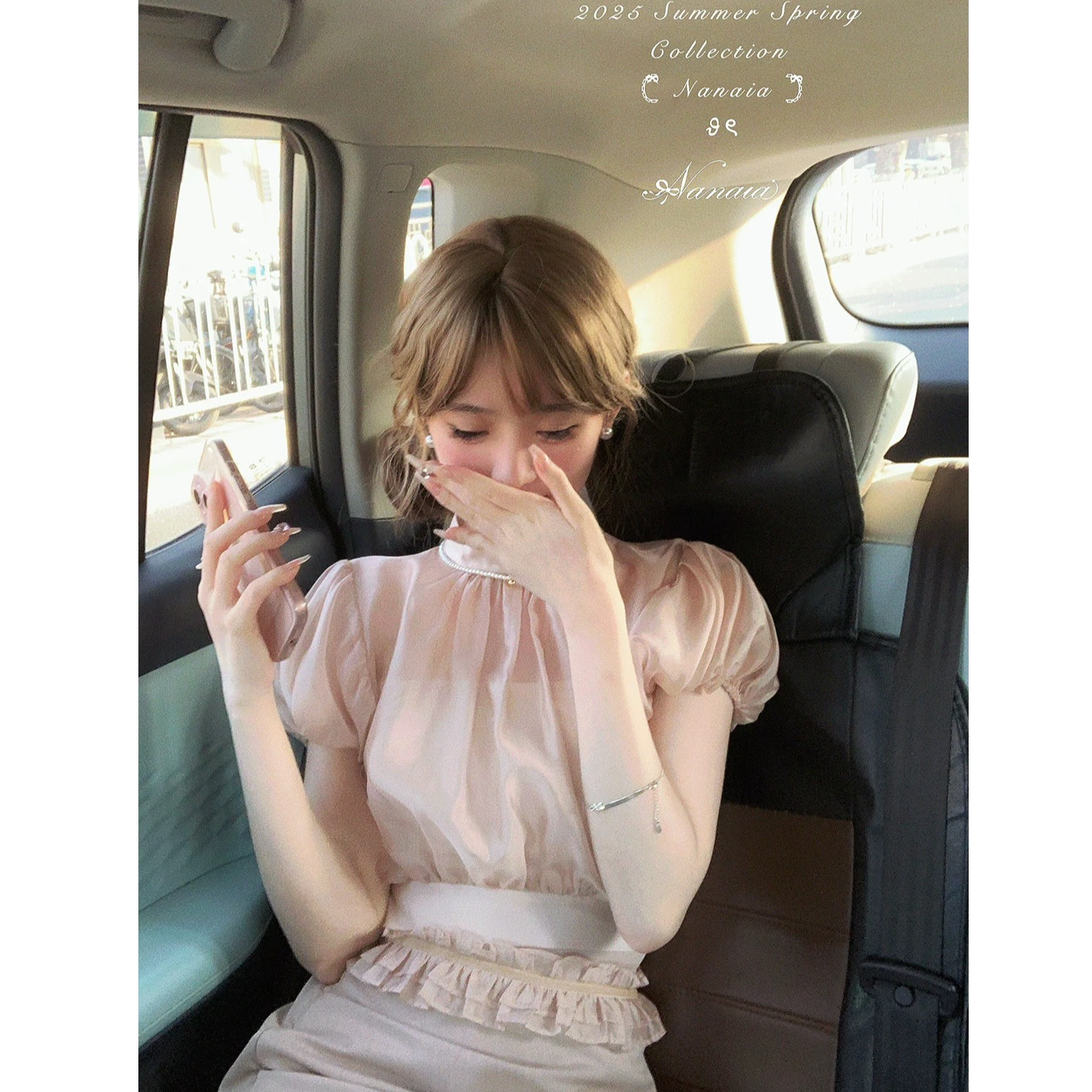 甜水仙 香槟淑女 灯笼袖上衣锻感微透兰花纱不对称设计倒褶半裙女