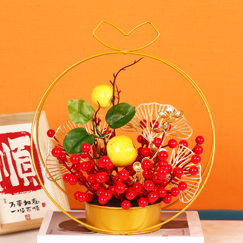 发财果红果铁艺苹果花篮成品发货新年家居摆件年宵仿真花卉春节