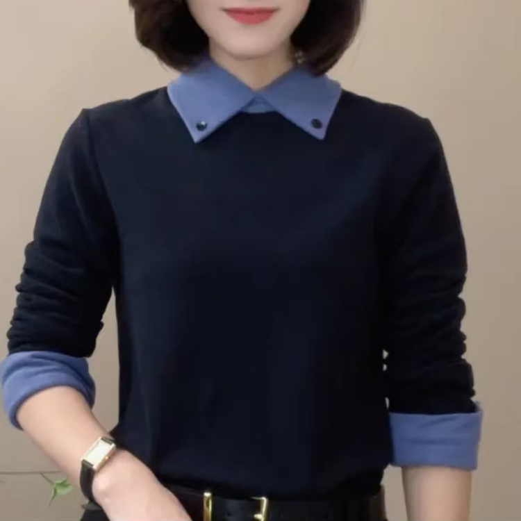 秋冬新款拼色长袖时尚百搭小衫女士气质翻领显瘦修身双面绒打底衫