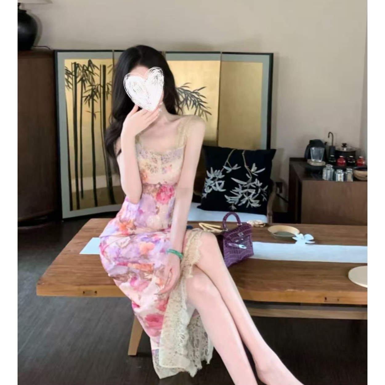 梦幻花园 油画蔷薇晕染蕾丝拼接连衣裙