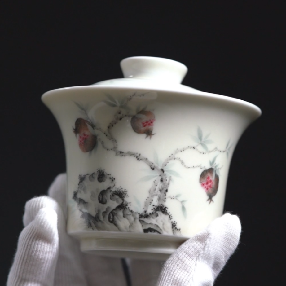 景德镇灰釉榴礼三才杯冠世榴园古韵三才盖碗茶具