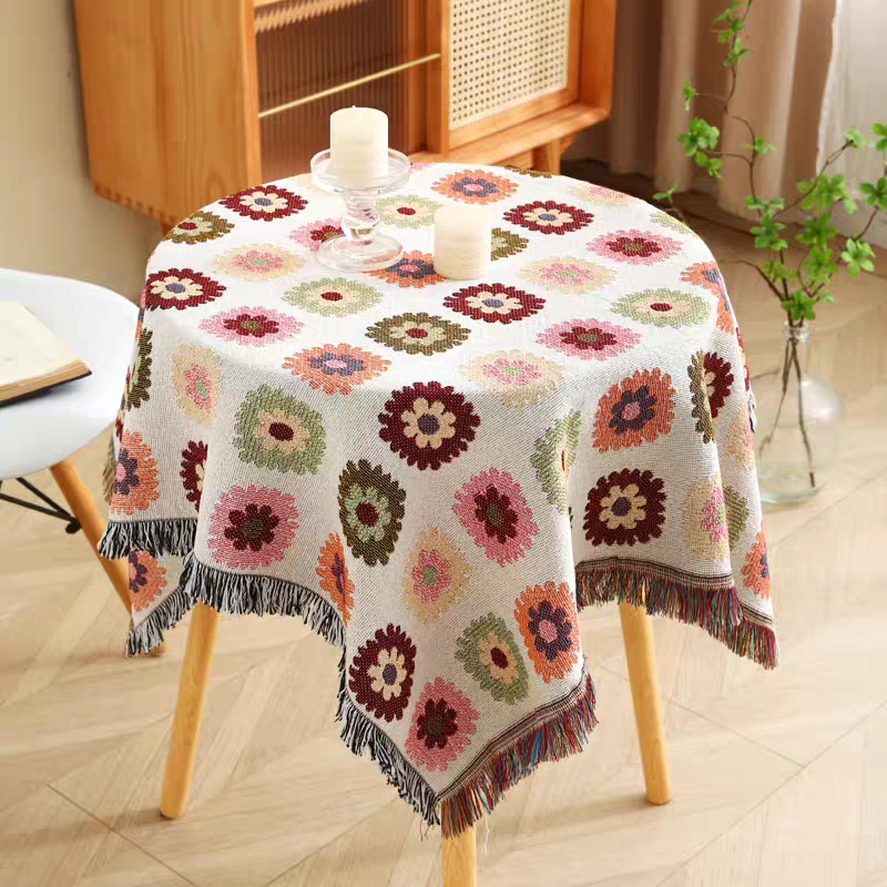 【守绣】【130*180繁花盖巾】针织桌台布棉麻复古双面加厚桌盖布大号