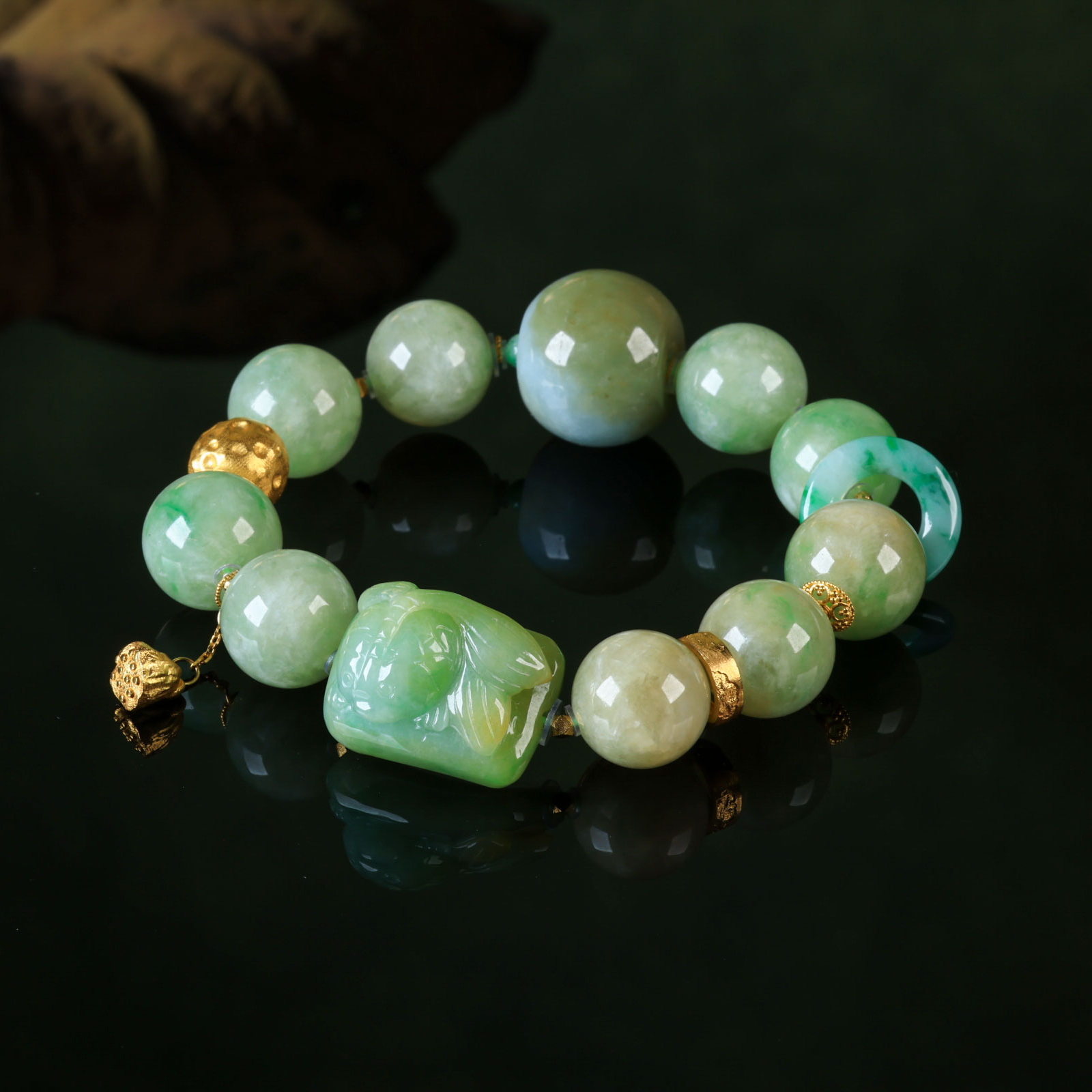 【意婵】《翠盈池》13mm-18k金天然缅A镶嵌黄加绿老翡翠单圈-917191