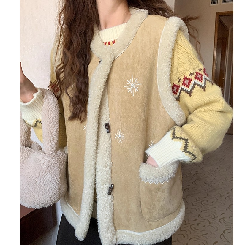 高端货~刺绣麂皮绒马甲女冬季新款小众韩系百搭显瘦保暖上衣