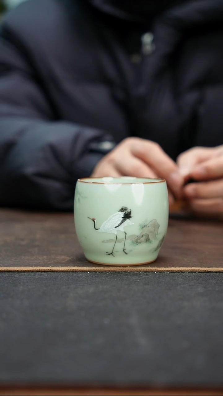 杯汝窑釉上手绘鼓式杯