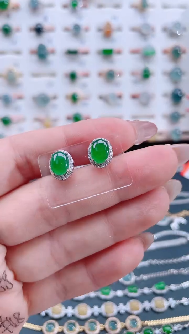 银S925镶嵌翡翠耳饰天然翡翠