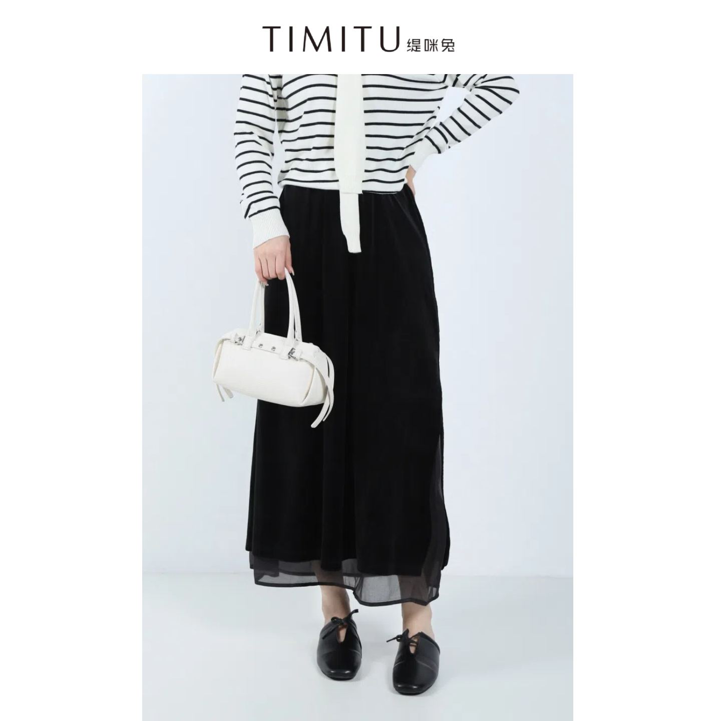TIMITU缇咪兔姐感轻熟气质御姐风丝绒网纱直筒开衩半身裙34325022