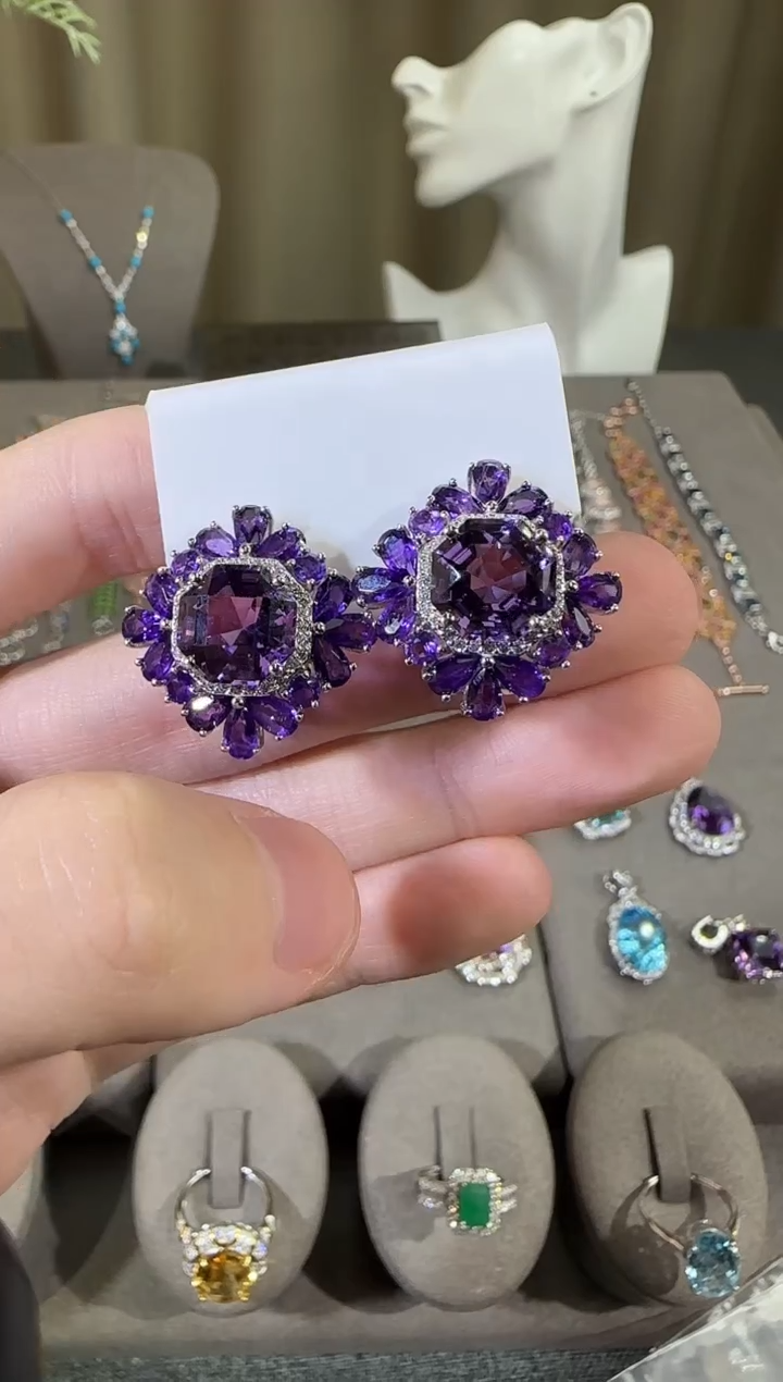 银S925镶嵌耳饰紫晶23mm耳扣高级款