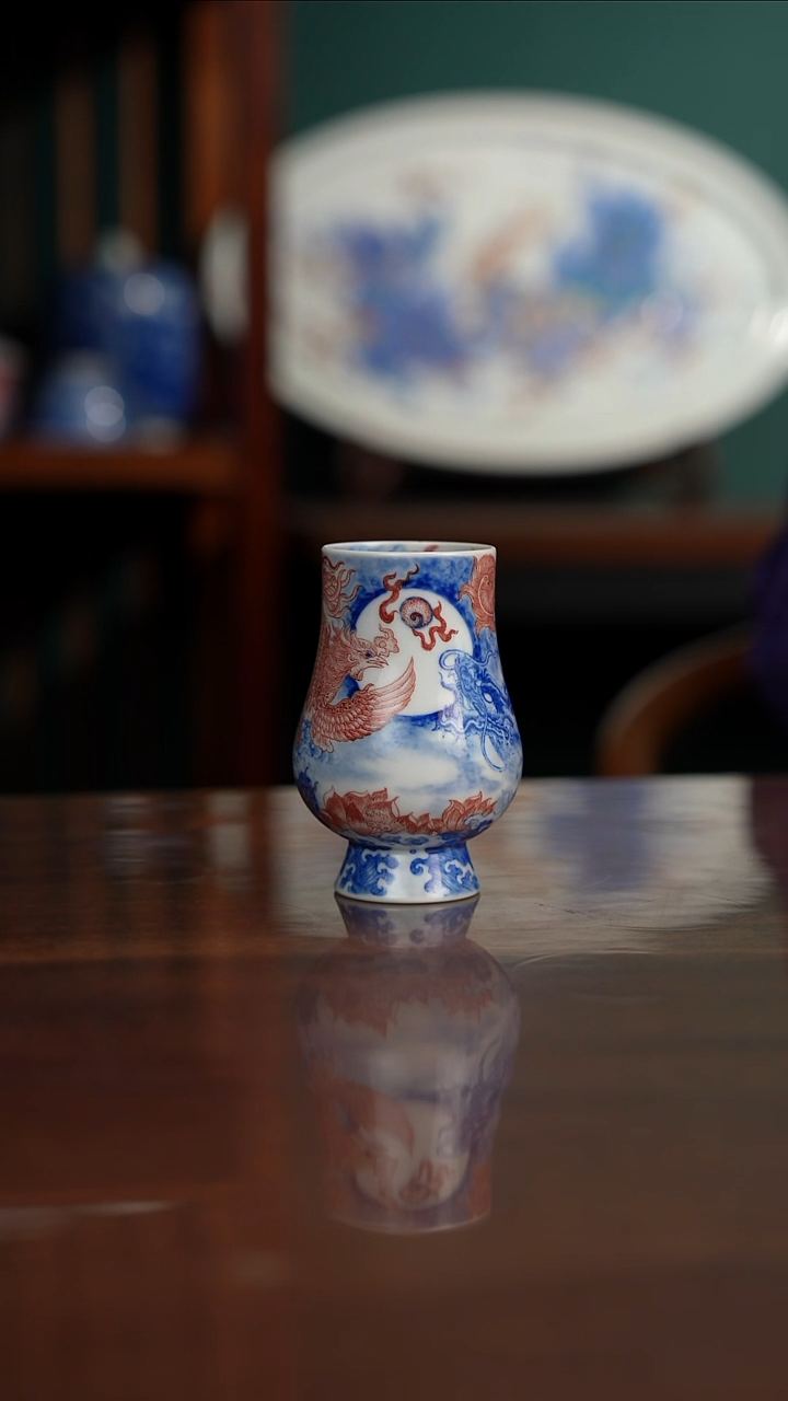 自成堂柴窑 青花釉里红 龙凤