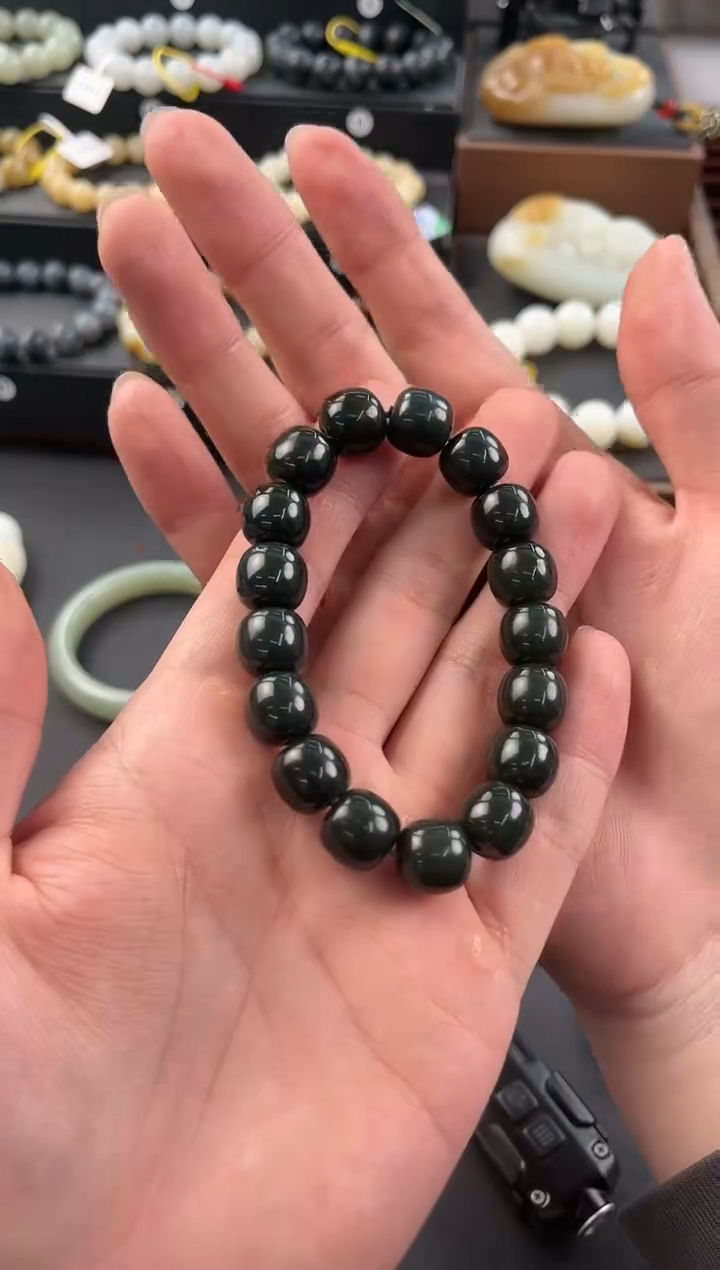 和田玉未镶嵌手串和田黑青老型珠手串卡12微色差