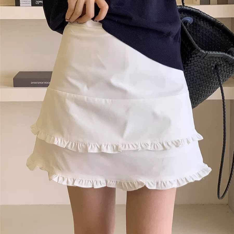 [DARUI]盐系高腰显瘦A字短裙女复古百搭木耳边花边半身裙80519