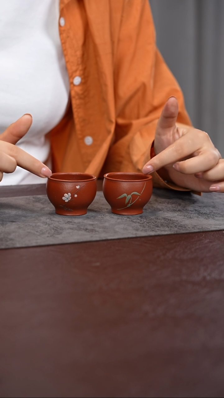 茶杯紫砂朱泥 蛋壳 对杯 梅竹双清