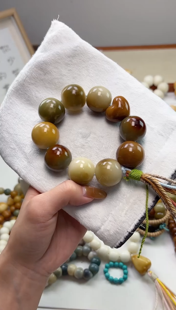 手串菩提根/象牙果干磨苹果23mm+象牙果风化爱心手持瑕疵不补