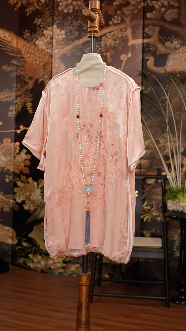 短袖通勤圆领套头连衣裙宽松旗袍江南风粉白两色太太服