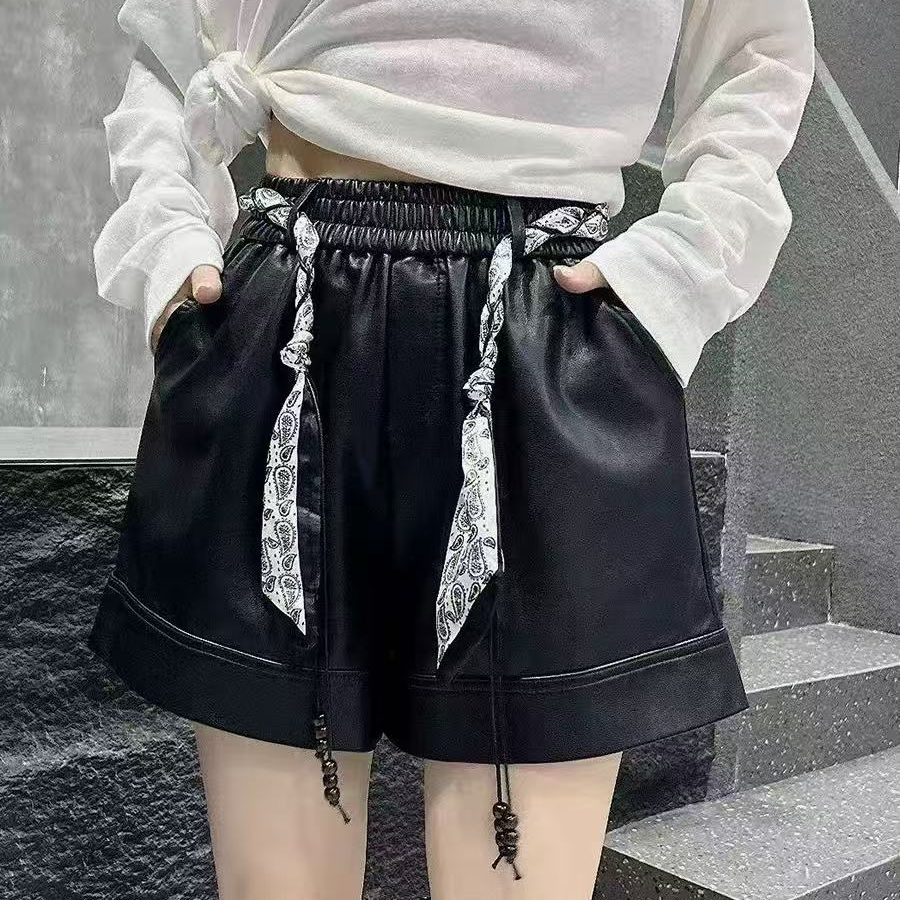 欧货丝巾腰带pu短裤女高腰阔腿显瘦松紧腰靴裤
