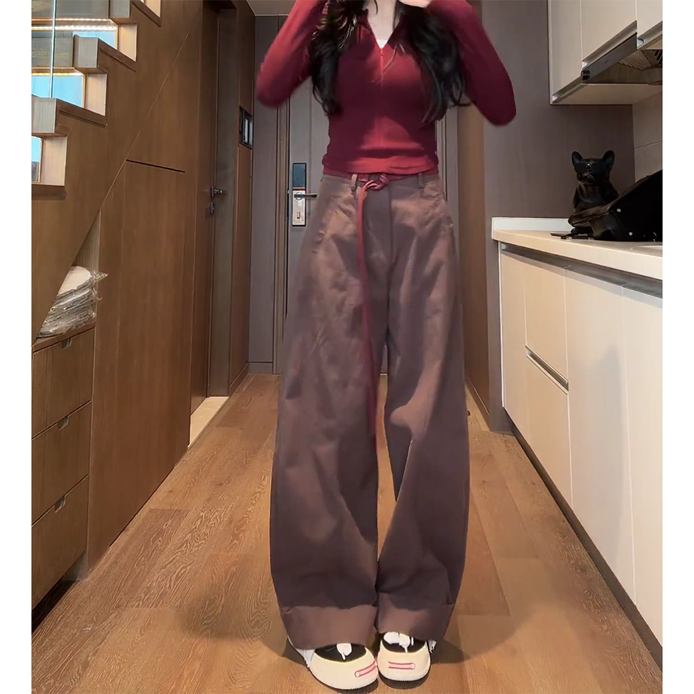 【动感少女】新款拉链百搭长袖T恤女+美式复古直筒休闲裤女C5977