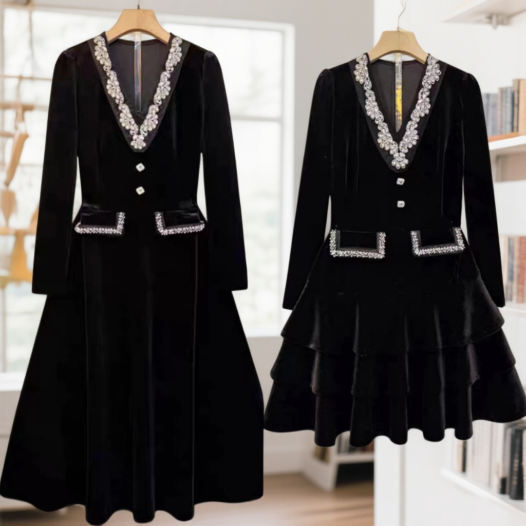 2025冬季新款【长短款】重工闪钻V领丝绒连衣裙1279*19279*