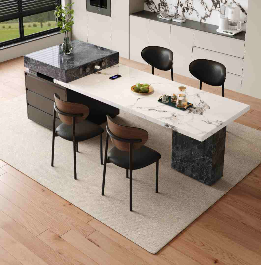 黑水晶2025岩板岛台意式风可伸缩餐厅成套家具轻奢吧台桌子