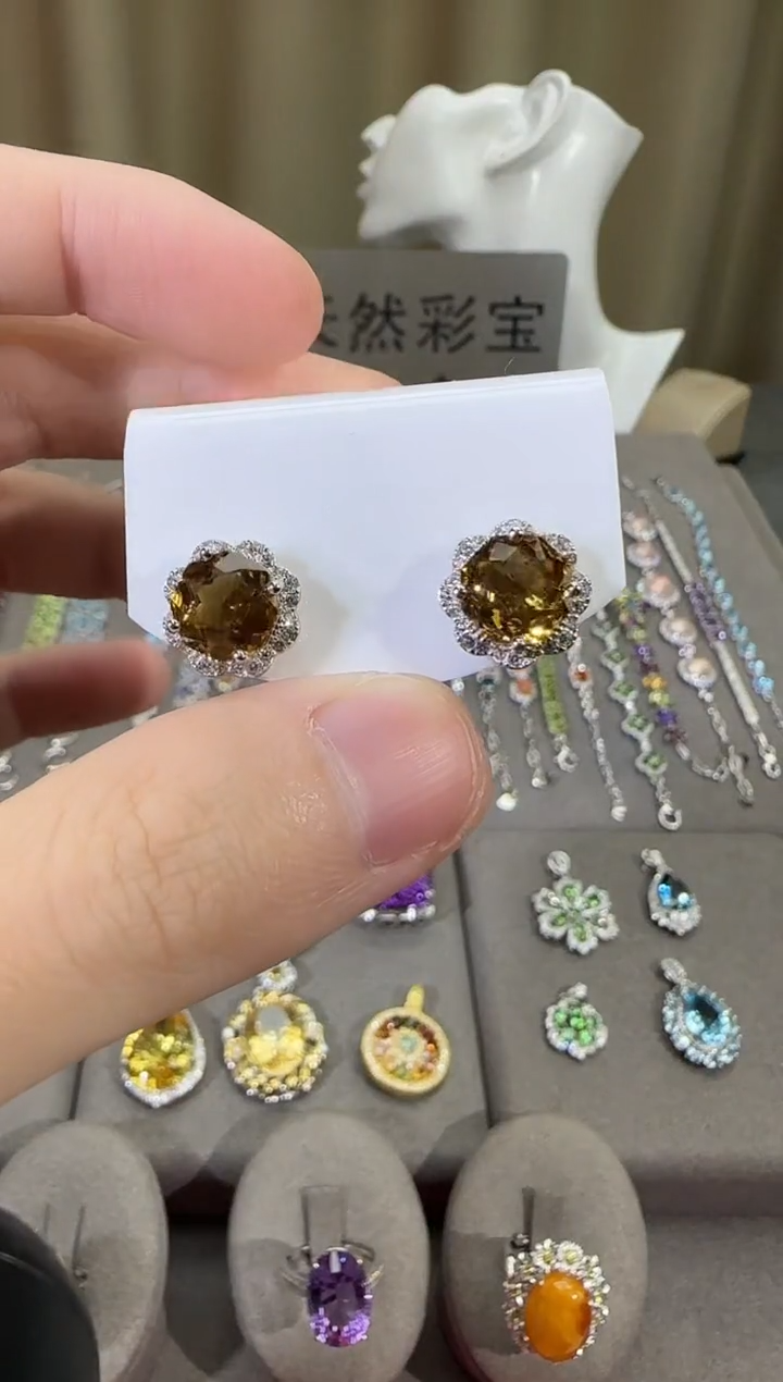 银S925镶嵌耳饰黄晶12mm耳钉玫瑰款