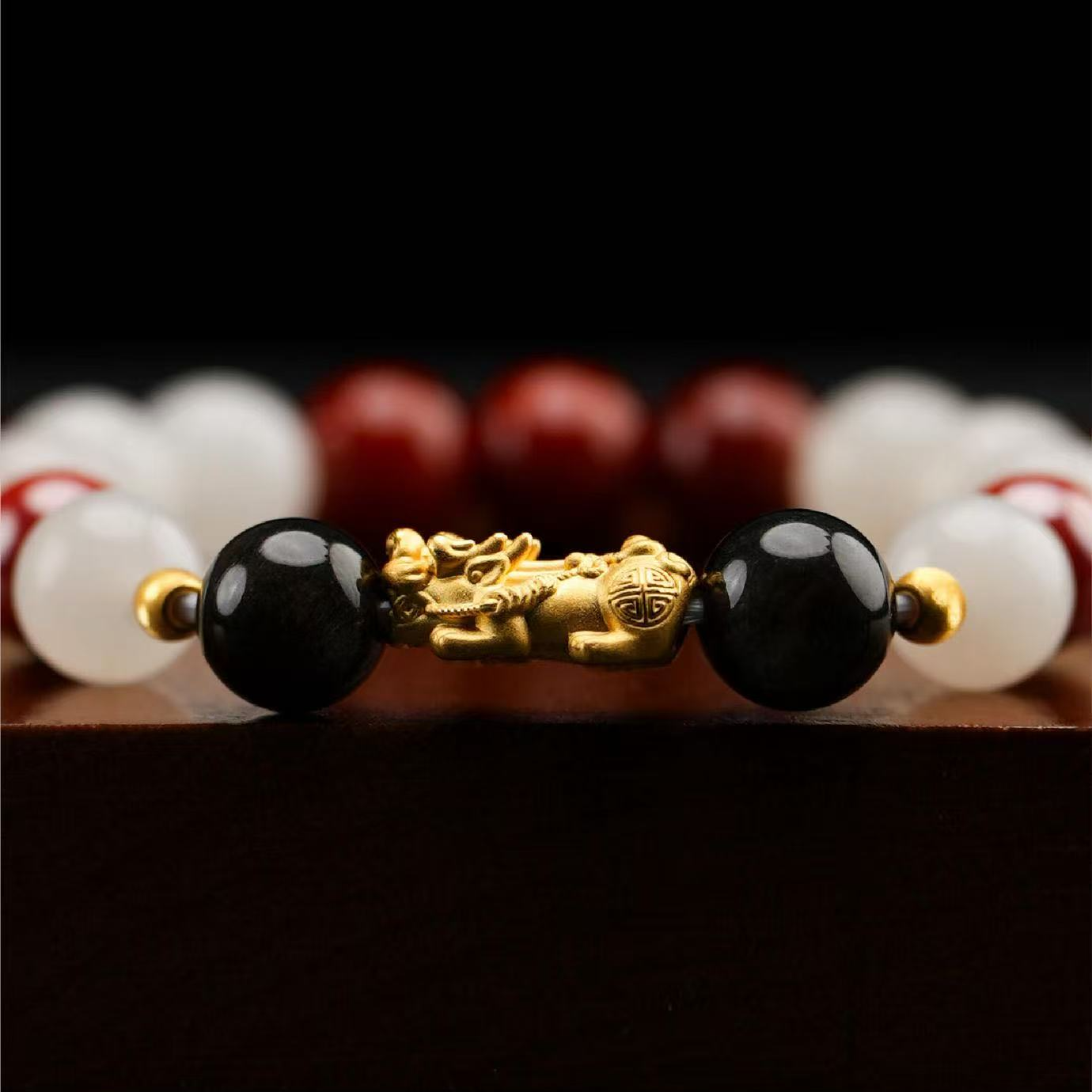 五路财神朱砂南红银曜石寿比南山手串老师傅祈福转运珠足金