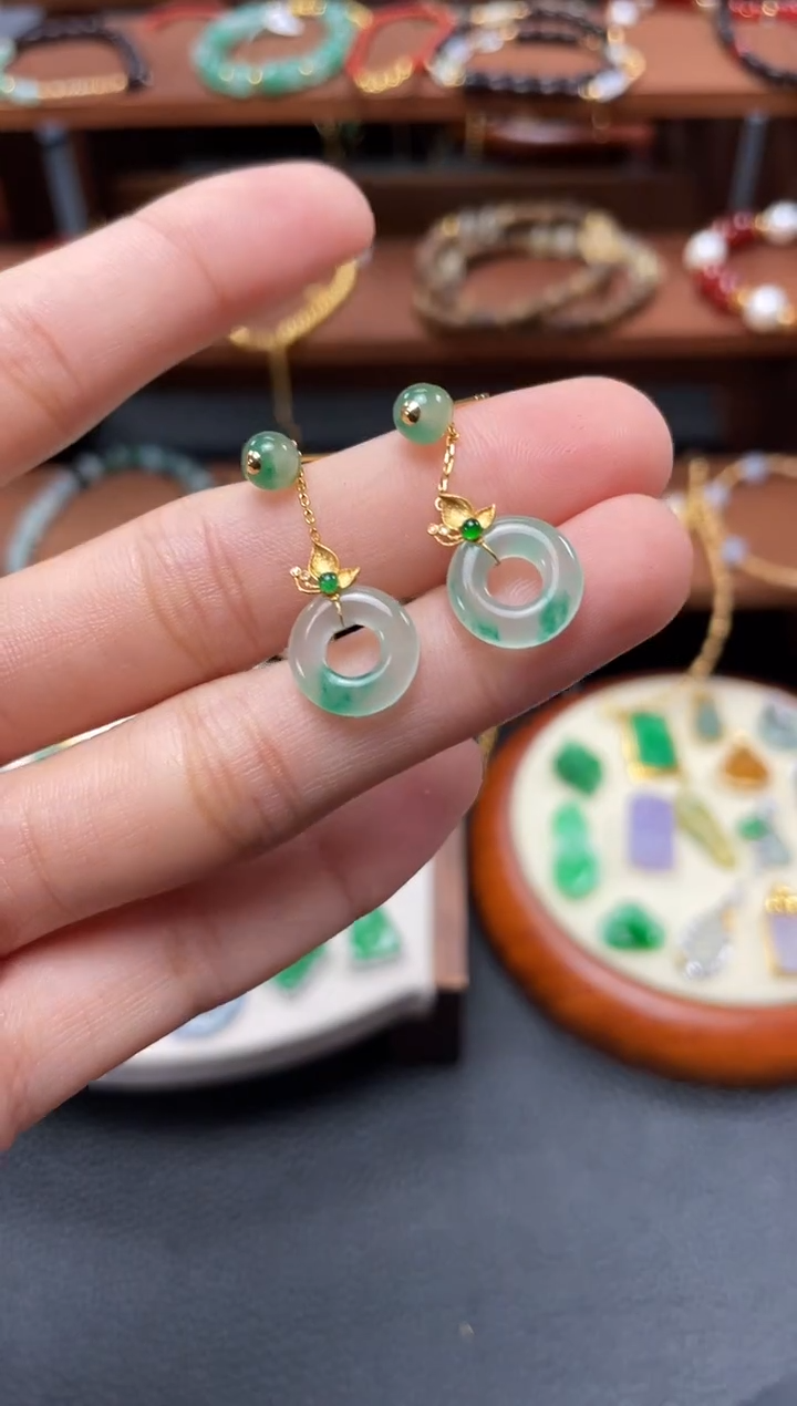 【闪购商品】石英质玉耳饰18K金镶嵌2个  JK469