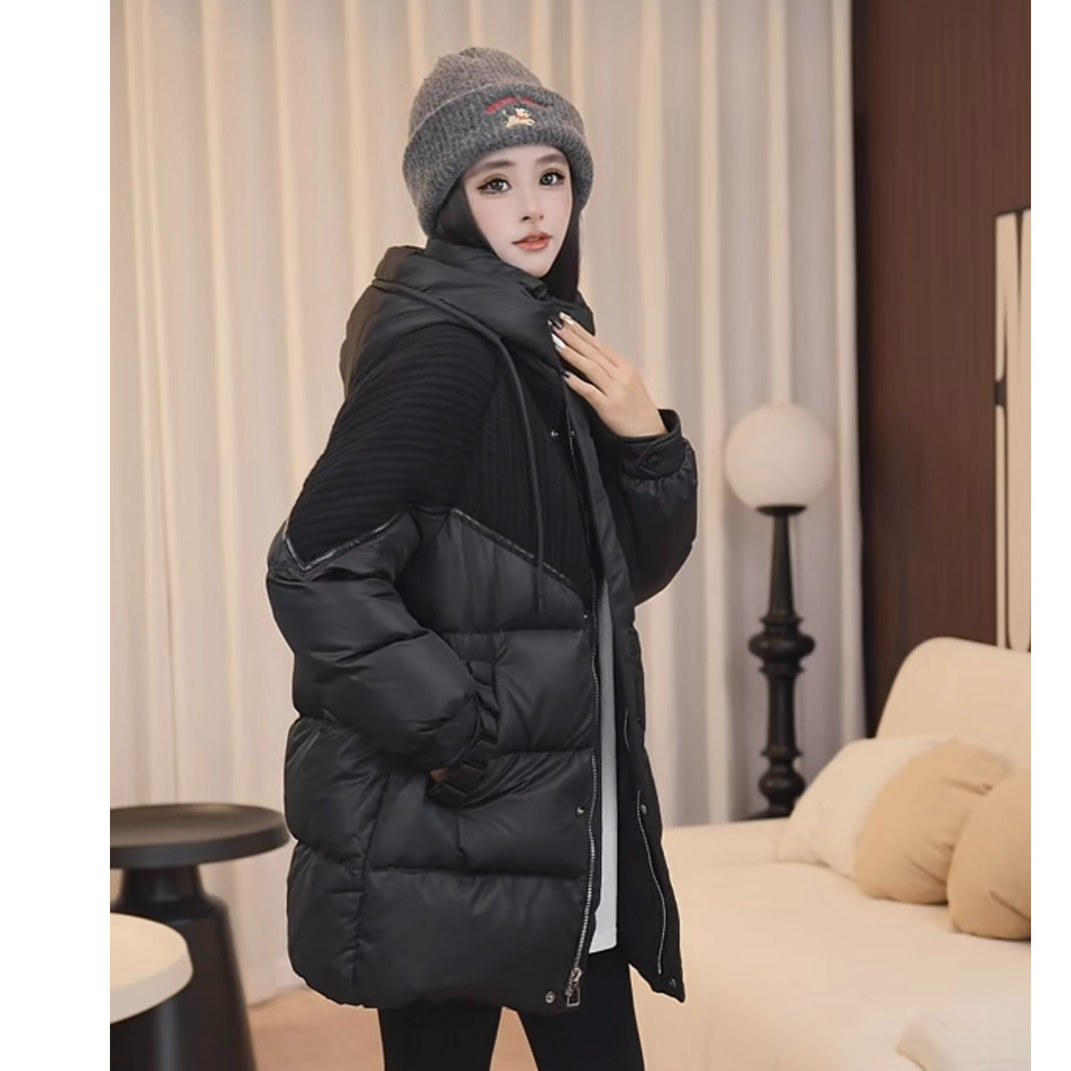 90%白鸭绒连帽针织口袋花边中长款羽绒服女冬季加厚韩版