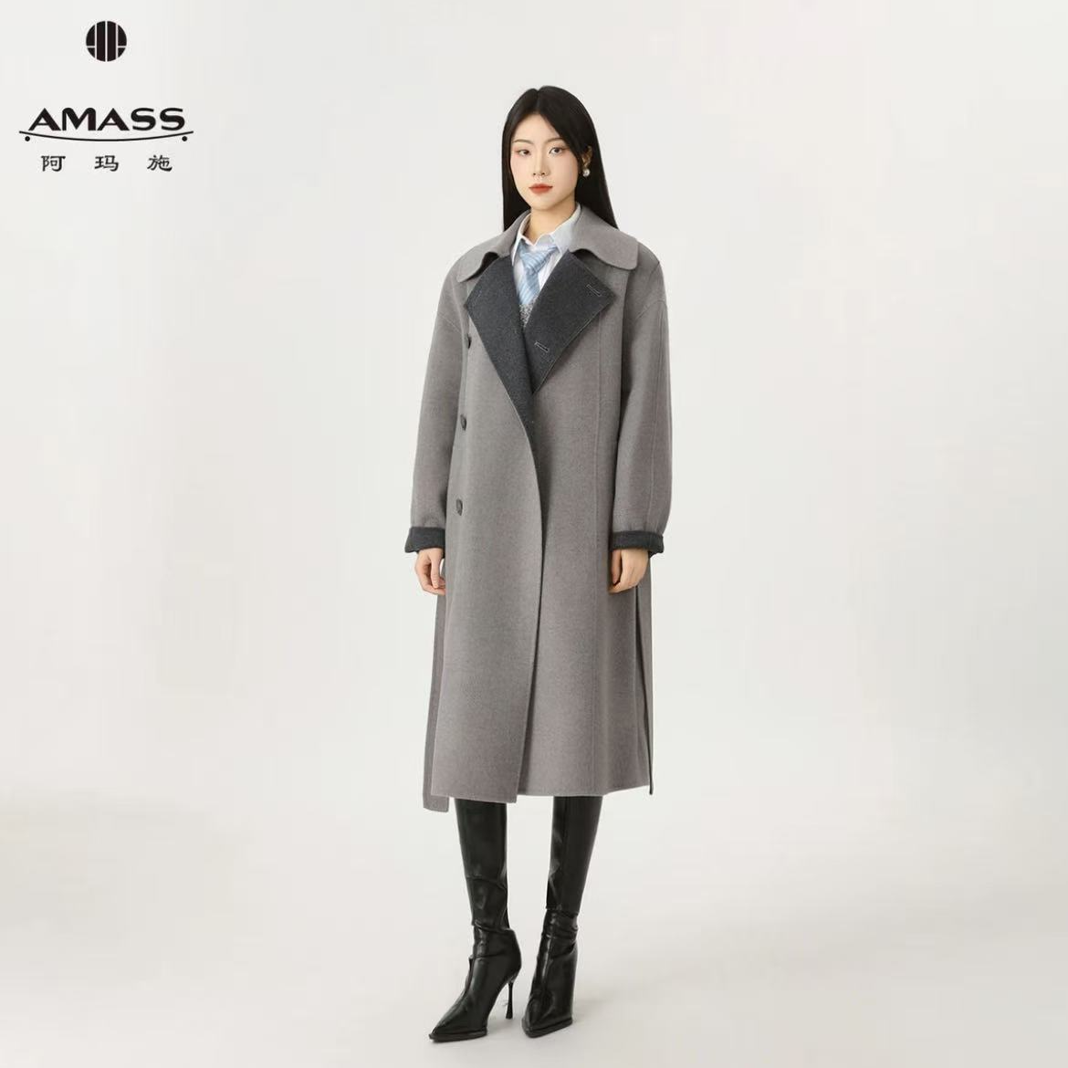 AMASS/阿玛施秋冬千金清冷感贵系时髦收腰中长绵羊毛呢大衣540029