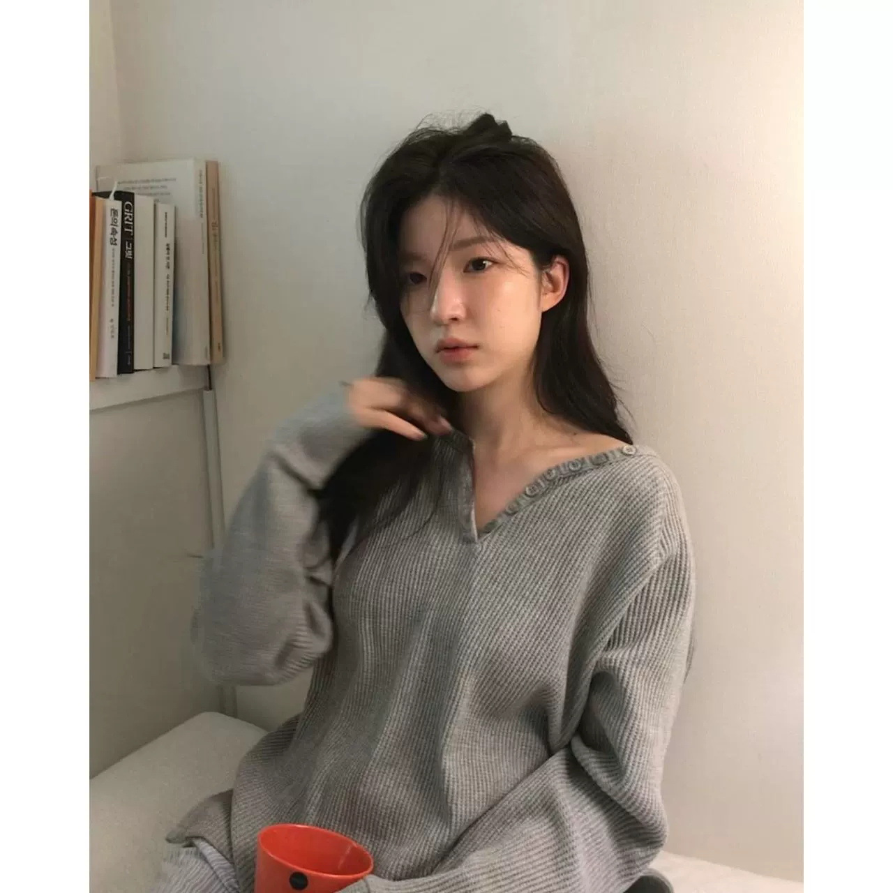 韩国thet*s华夫格肌理纽扣修身显瘦休闲长袖打底针织T恤女