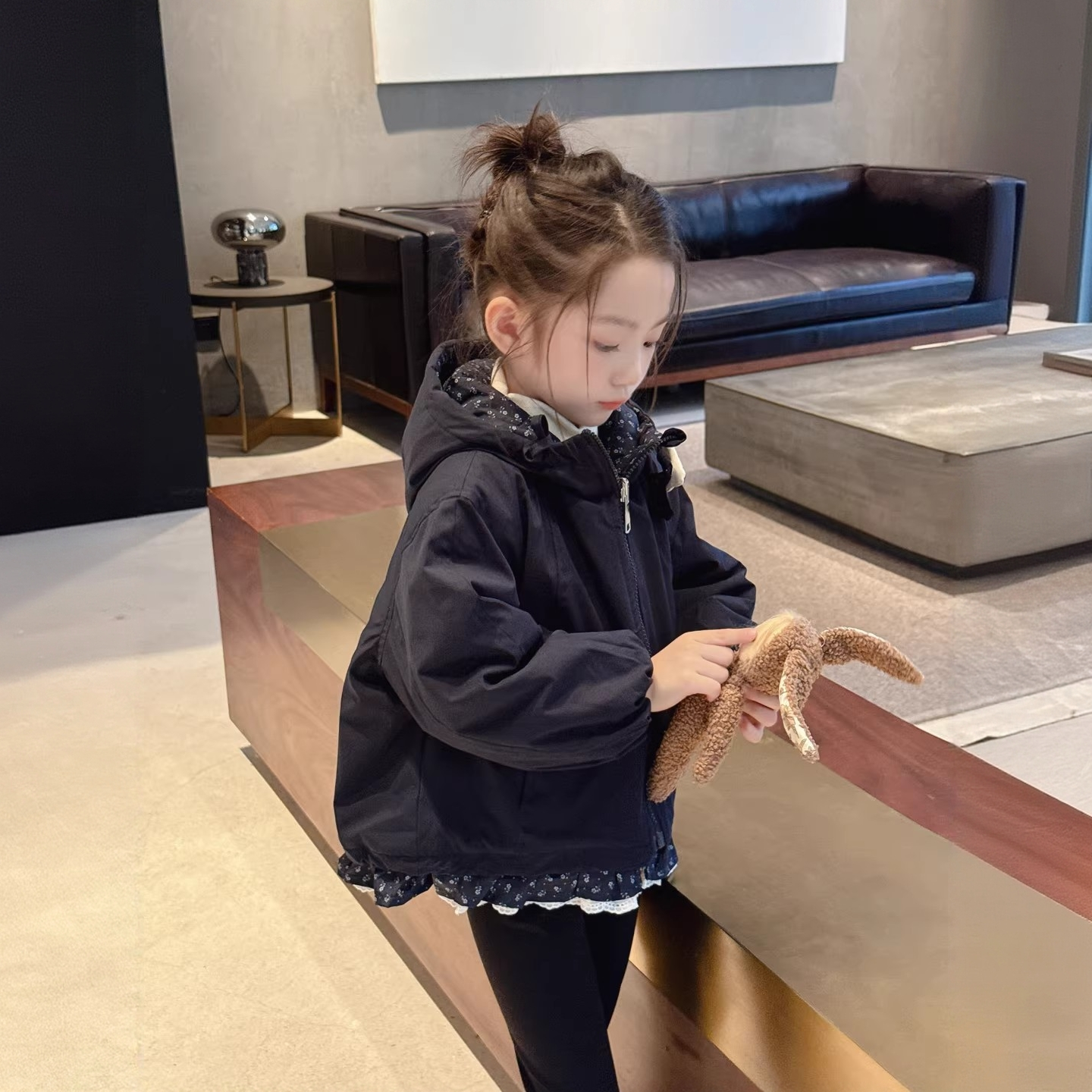 女童冬季加厚两面穿夹棉外套儿童休闲百搭韩版女宝宝碎花连帽棉服