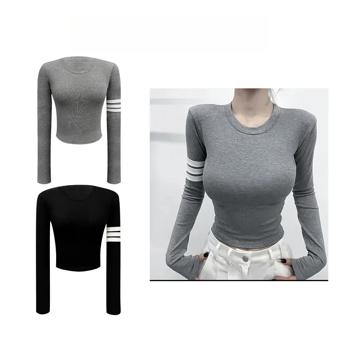 【现货+运费险补贴】长袖辣妹T恤女老钱风条杠时髦修身设计感上衣女