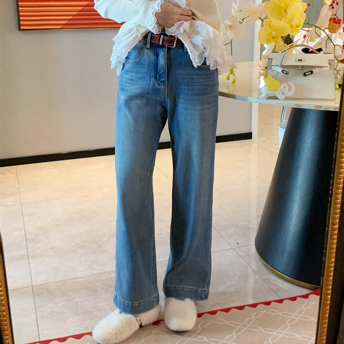 JENNIFER JXLIU冬水洗浅蓝色显瘦直筒百搭含腰带加绒加厚牛仔裤女