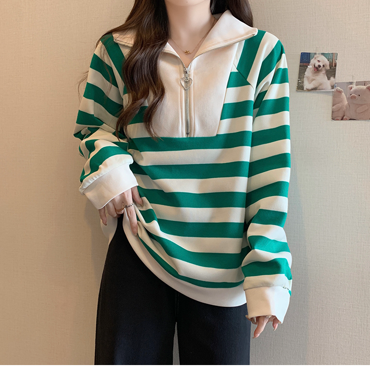 3569大码女装胖妹妹条纹卫衣套头长袖海军领秋冬上衣女1809
