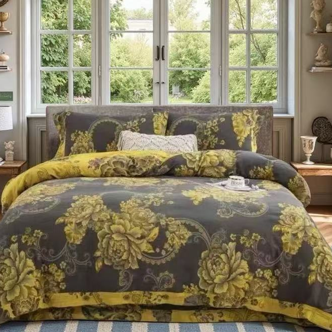 高端轻奢全棉斜纹棉色织双层纱四件套--黑金牡丹