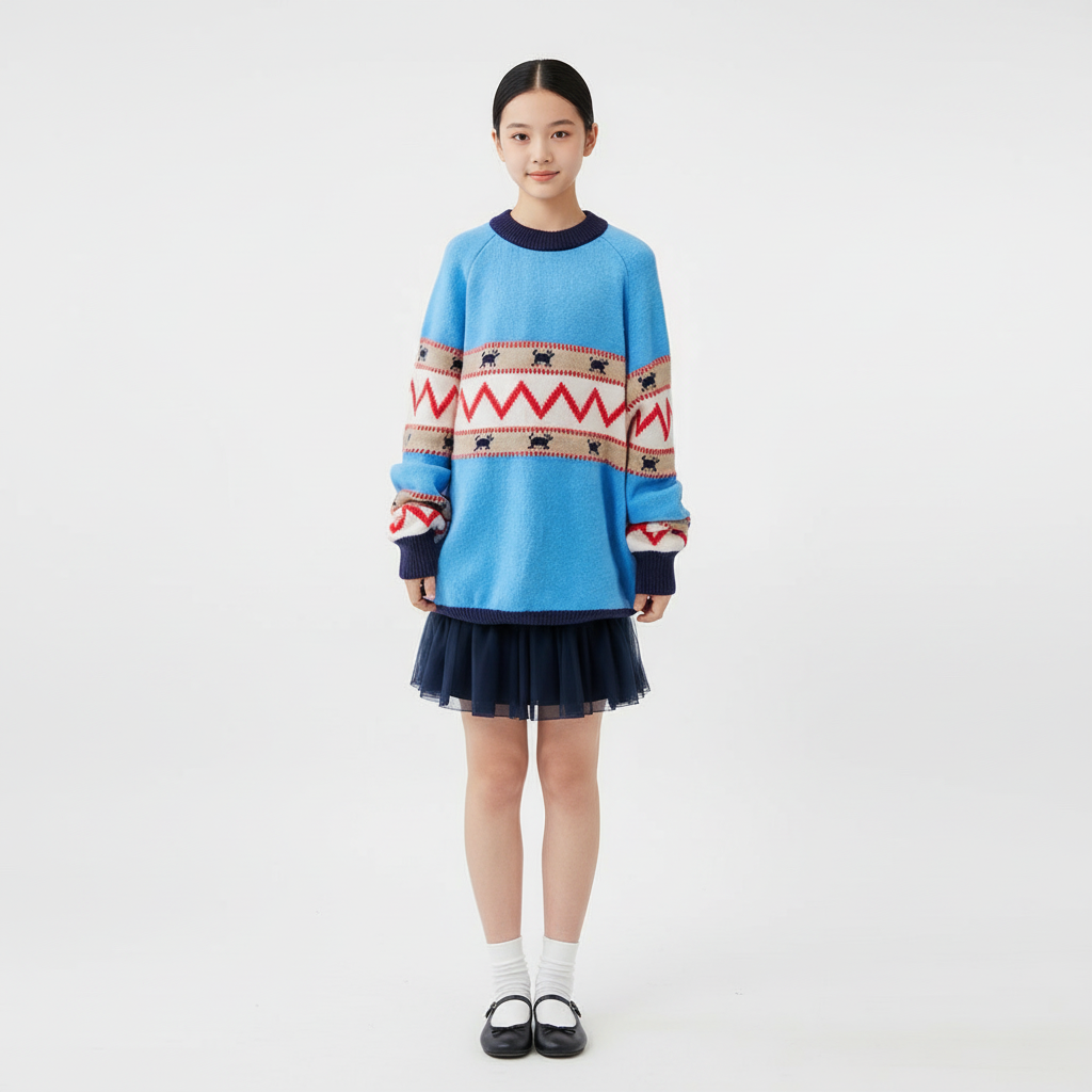 亲子女童费尔岛提花圆领毛衣大童撞色慵懒风套头针织衫秋冬保暖