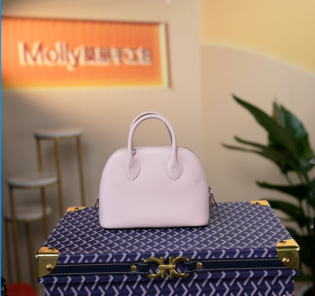 【Molly定制】原创设计头层牛皮黄色Eva皮粉色单肩斜挎小保龄球女包