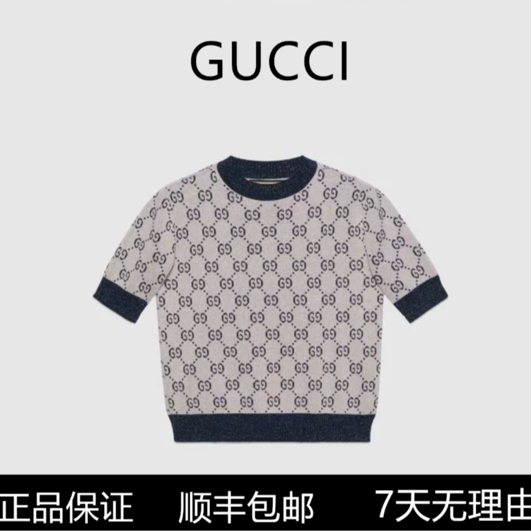 GUCCI古驰  Logo图案印花圆领短袖针织衫 女款 白色