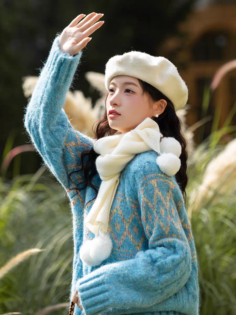 秋冬新款费尔岛奶蓝色软糯针织毛衣 8004#