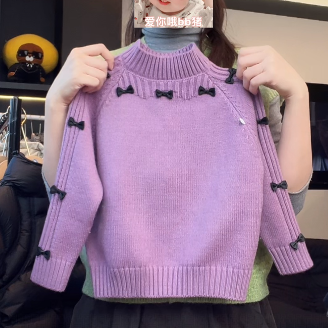 阿卷冬装女童韩版时尚撞色立体蝴蝶结保暖套头毛衣MPG7752-PP3