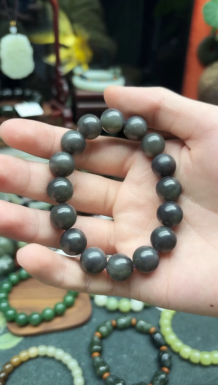 未镶嵌手链和田玉12MM   浓烟紫