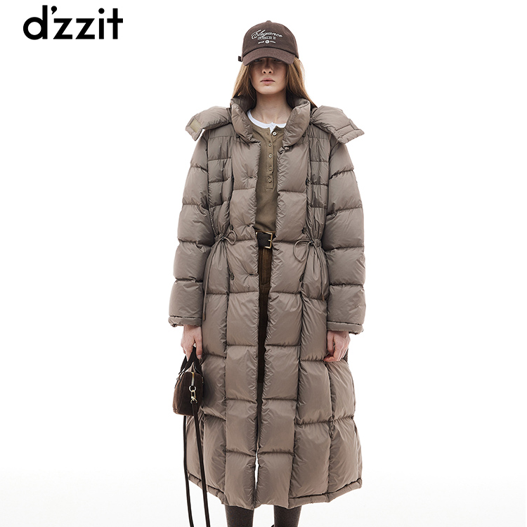 dzzit地素羽绒服冬季简约连帽抽绳收腰长款外套女3I4K4051A