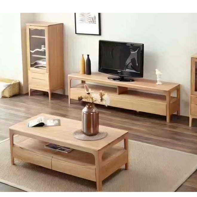 白橡木实木原木可耐磨工艺简约风茶几客厅用原木茶几 带抽茶几