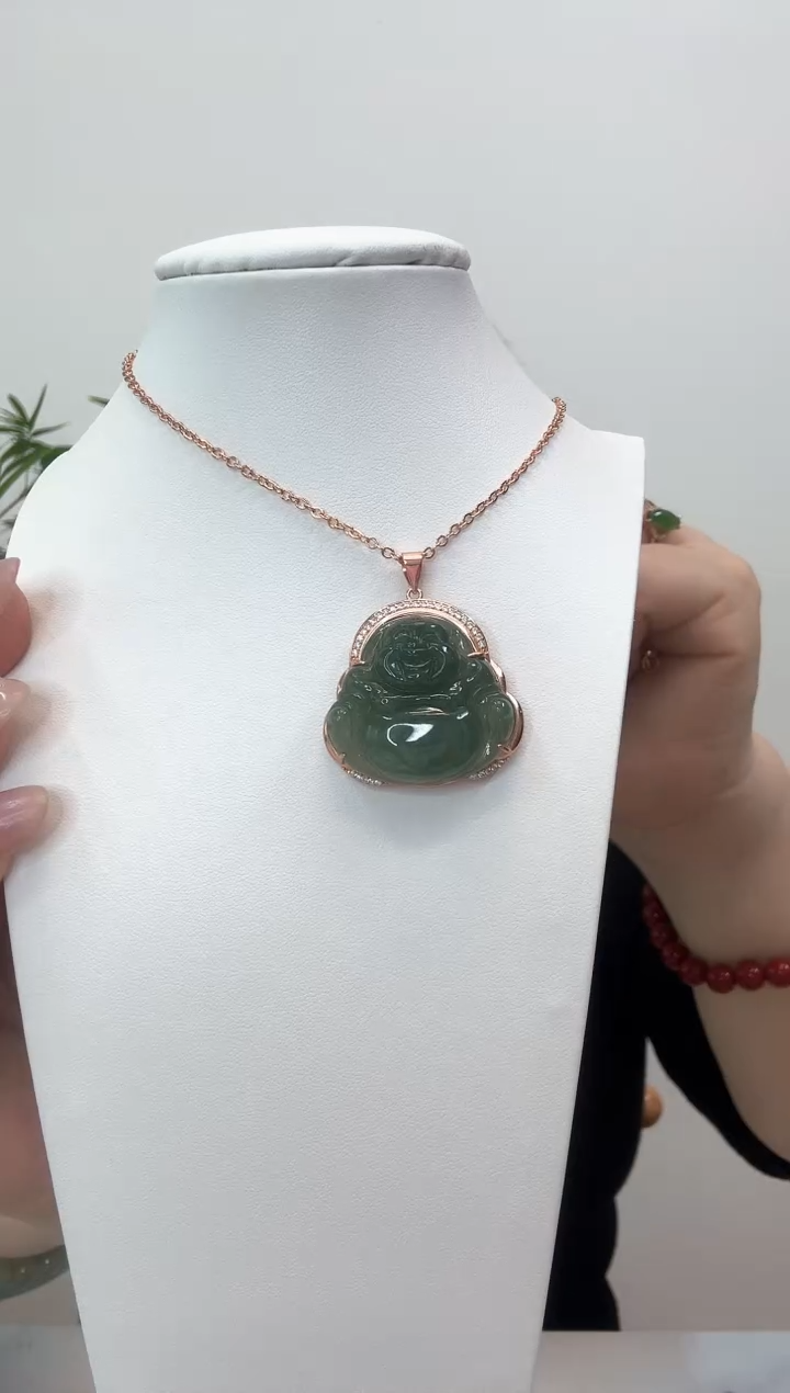 【闪购商品】翡翠吊坠(赠链)银S925镶嵌小佛玫瑰边