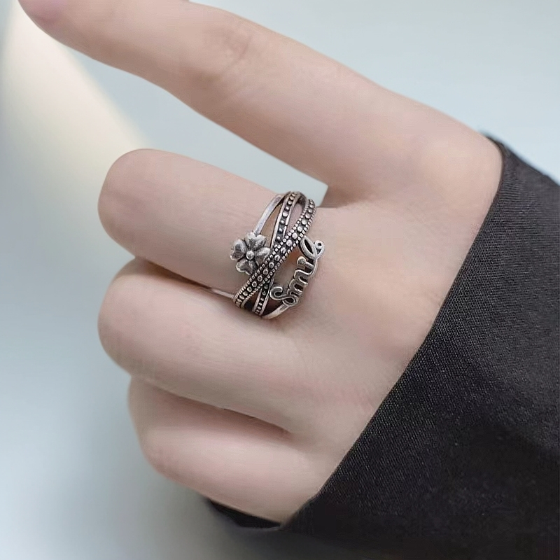 铜合金戒指 双12爆款百搭复古做旧微笑幸运四叶草活口可调节戒指