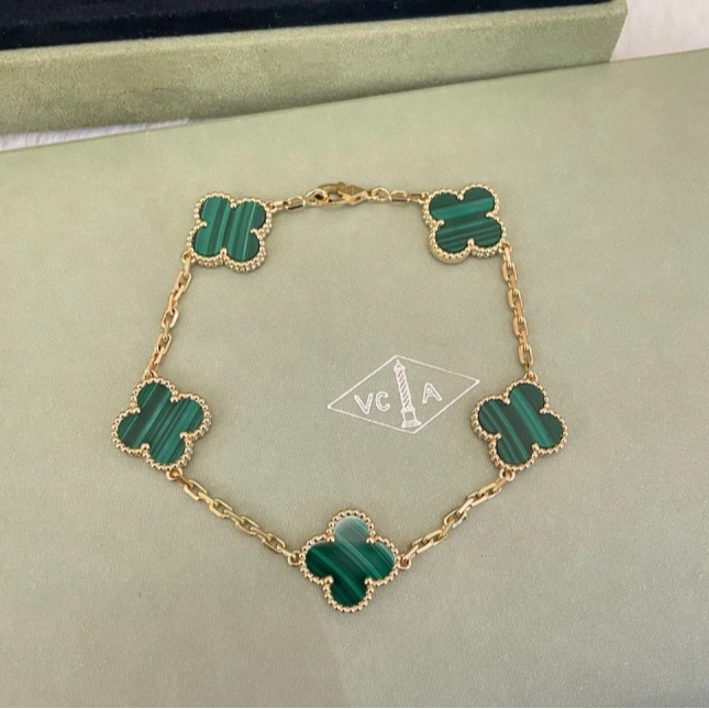 99新 梵克雅宝 小花6花 中号五花手链 老扣 孔雀石 M-L码 黄金 