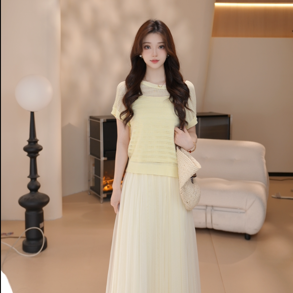 Basic House/百家好CSM时尚气质显瘦欧若风夏季套装针织轻奢