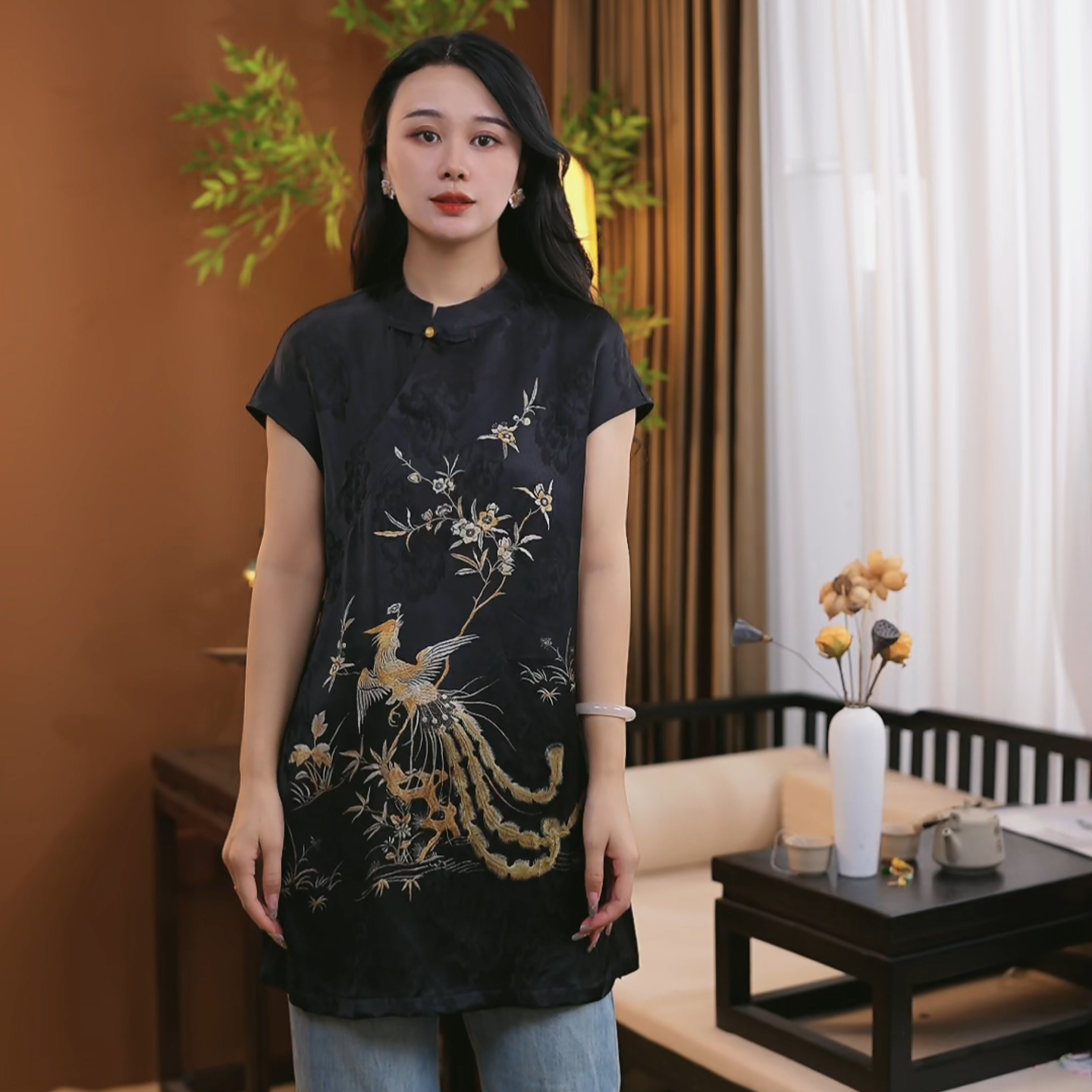 【凤鸣】夏季新中式桑蚕丝盘扣短袖时尚提花中国风百搭上衣女S247