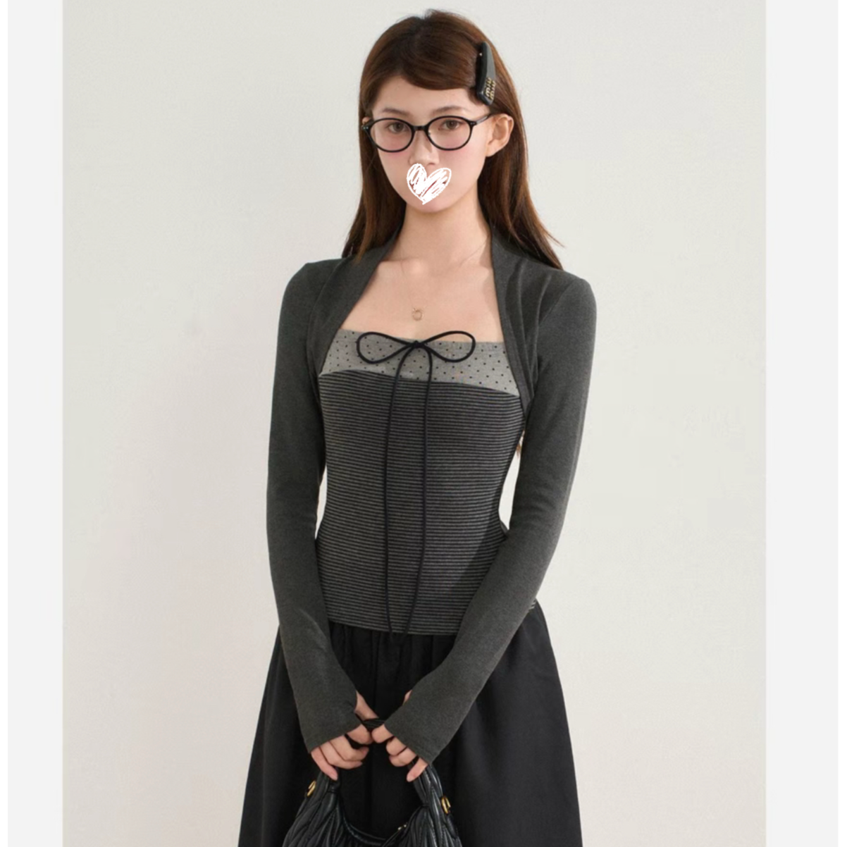 【正版原创】辣妹韩系撞色蝴蝶结系带波点元素坎肩假两件上衣T恤女