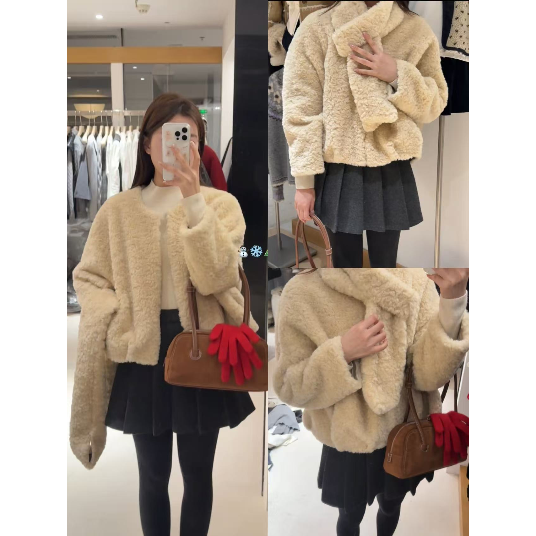 21662#冬日暖暖“小奶油”带围脖保暖毛毛外套